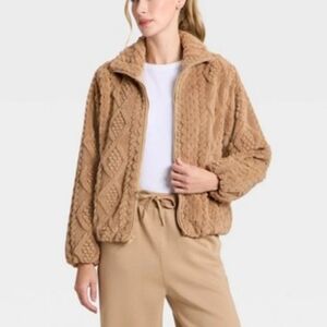 all in motion Cable Knit Texture High Pile Fleece Jacket - Taupe M